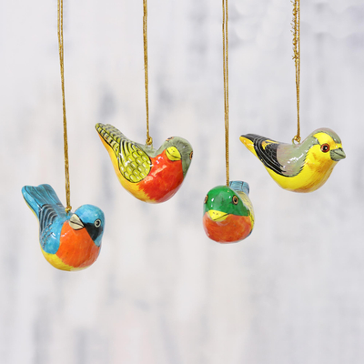  Set of 6 Hand painted parrots, Hand painted Paper mache birds, paper mache Ornaments, Handmade Christmas Baubles, Handmade Birds hangings